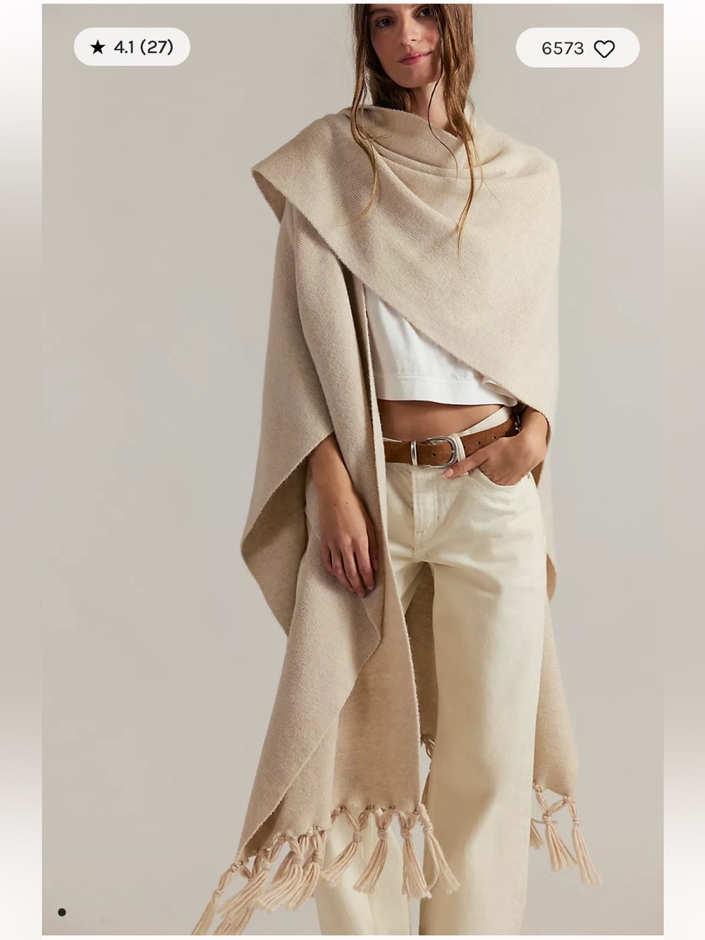 Free People Cream Fringed Knit Poncho Wrap